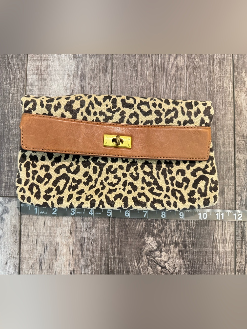 J. Crew Leopard Print Canvas Clutch with Brown Trim and Gold Hardware - Picture 8 of 10